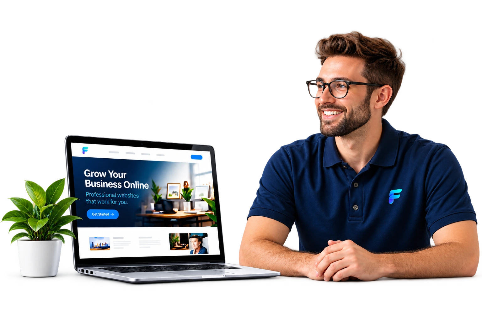 Illustrative designer beside a laptop showing a modern business website